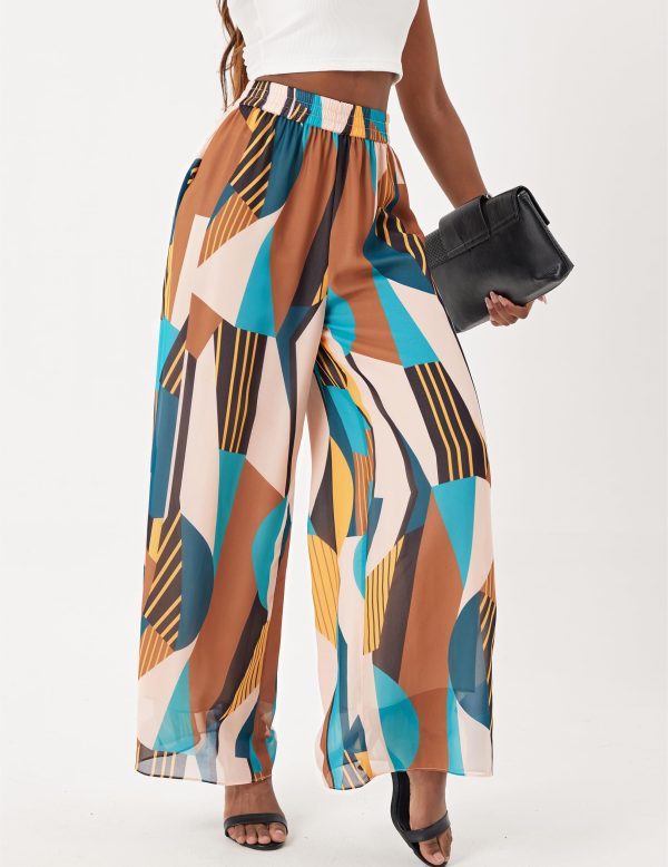 Women's Floral Boho Palazzo Pants Casual Dress Flowy Wide Leg Pant Chiffon Beach Vacation Trouser