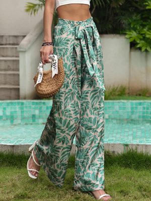 Womens Printed Wide Leg Pants Ruffle Elastic Drawstring Beach Vacation Palazzo Loose Comfy Trousers with Pockets