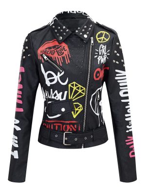 Faux Leather Jacket for Women Studded Rivet Floral Moto Biker Short Lapel Coat