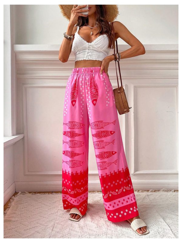 Women's Floral Wide Leg Pants Beach Vacation High Waist Boho Palazzo Trousers