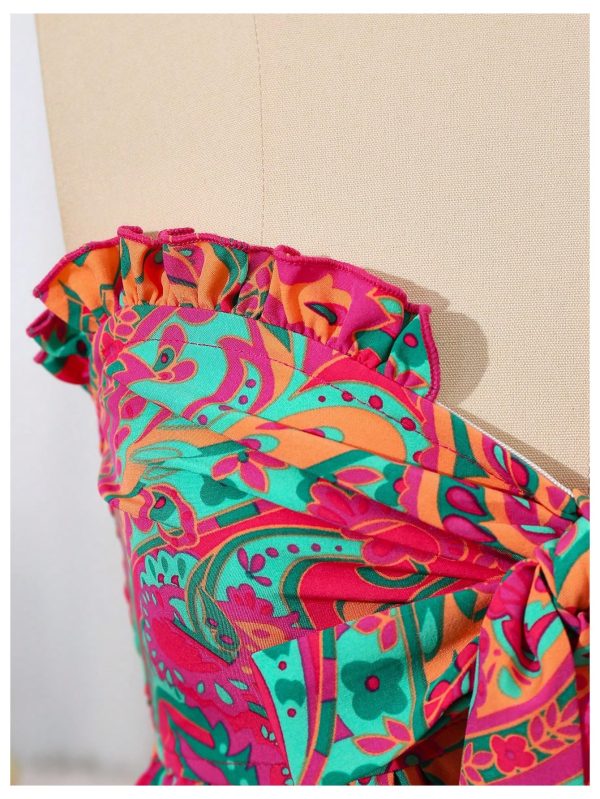 Women's Floral Tube Tops Strapless Tie Front Frill Peplum Shirred Boho Summer Bandeau Top