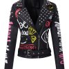 Faux Leather Jacket for Women Studded Rivet Floral Moto Biker Short Lapel Coat