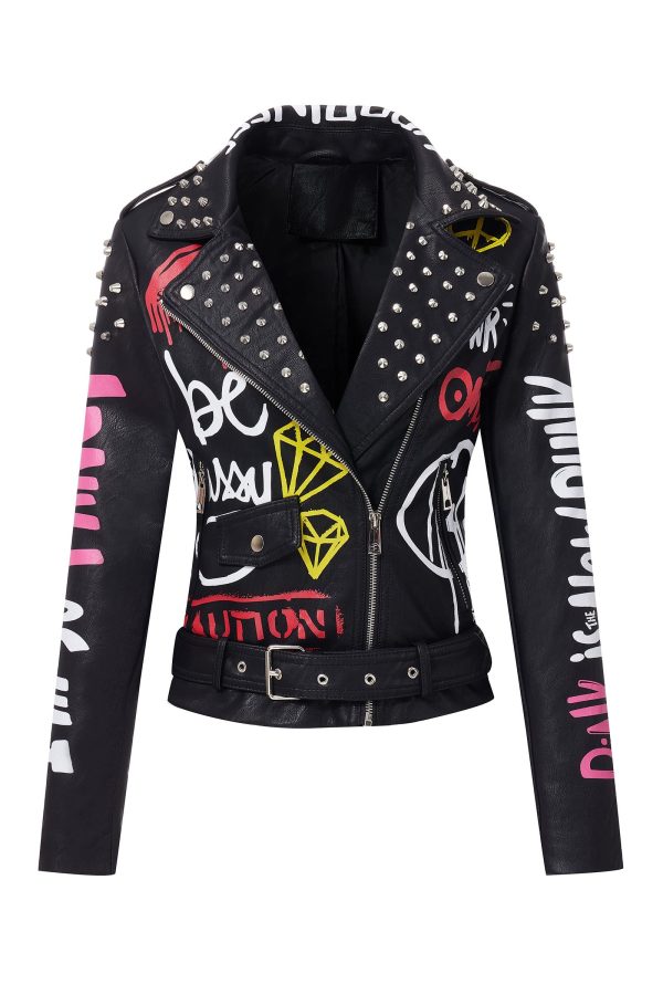 Faux Leather Jacket for Women Studded Rivet Floral Moto Biker Short Lapel Coat