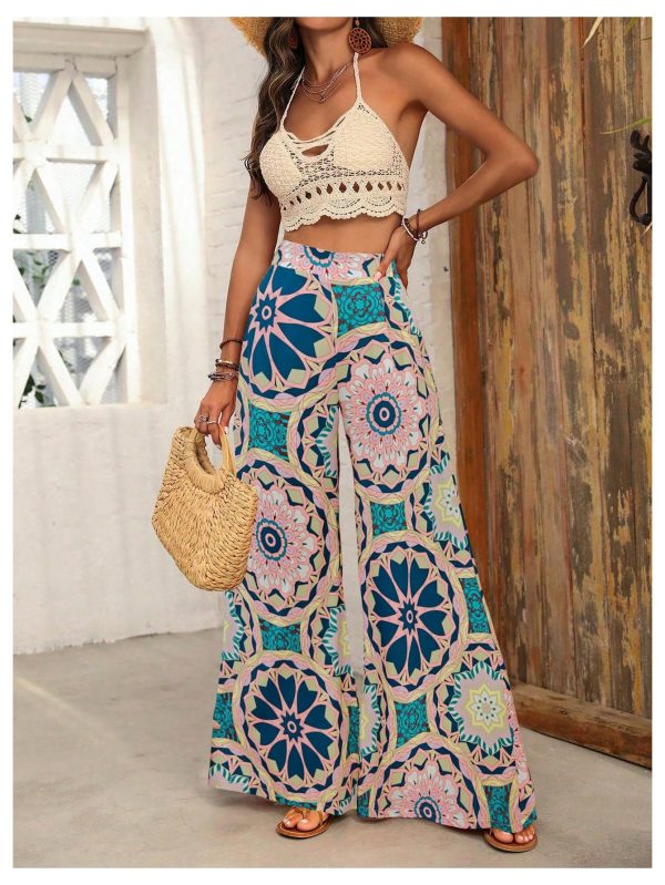 Women's Summer Wide Leg Floral Flowy Palazzo Pants High Waisted Beach Boho Trousers