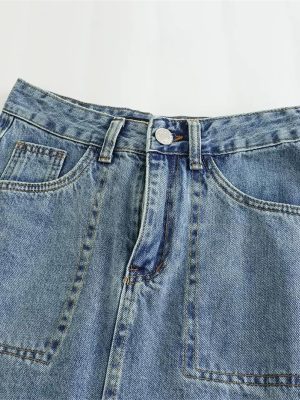 Women Wearing Streetwear High Waist Pocket Design Long Denim Skirt