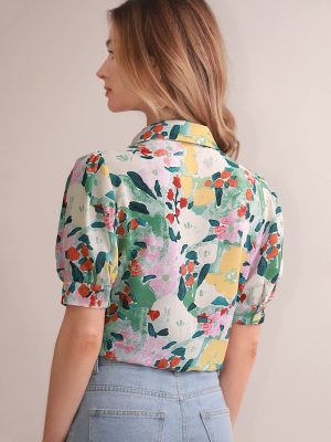 Women's Floral Print Short Puff Sleeve Blouse Elegant Collar Button Down Shirts Tops