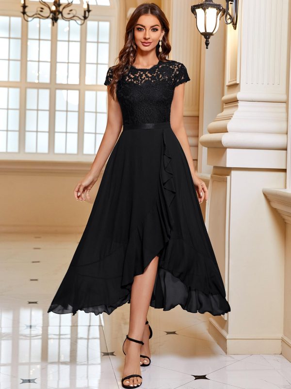 Women's Retro Lace Contrast Chiffon Ruffle Evening Maxi Dress