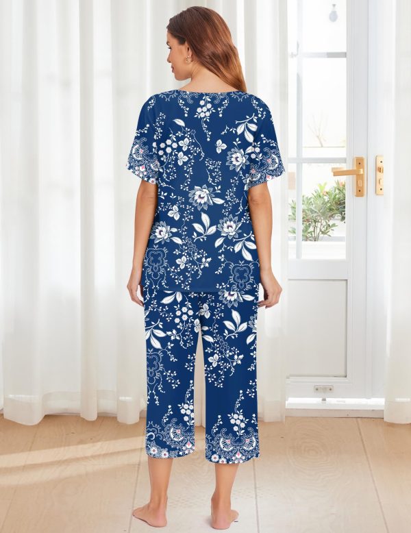 Women's Two Piece Lounge Set Short Sleeve Shirt and Capri Pants Mumu Pajama with Pockets Loungewear Pjs Sets