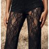 Women's Floral Lace Sheer Mesh Flare Pants Elastic High Waisted Long Trousers