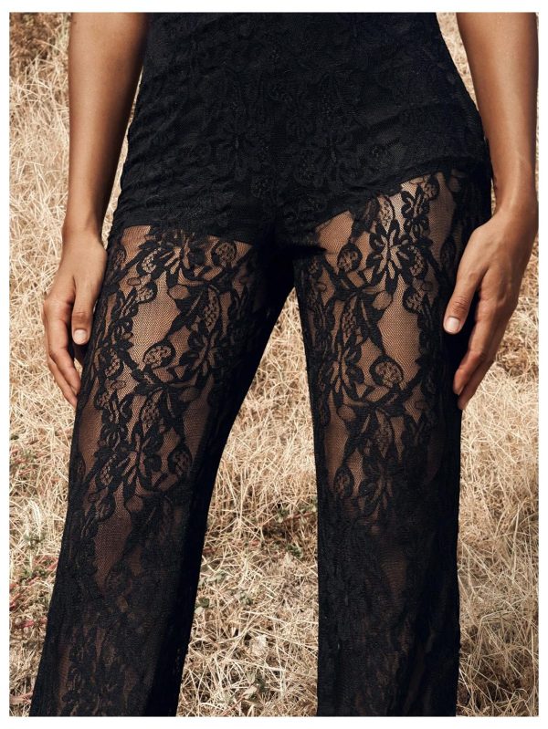 Women's Floral Lace Sheer Mesh Flare Pants Elastic High Waisted Long Trousers