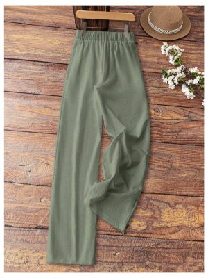 Women's Drawstring Drop Waist Floral Pants Straight Leg Linen Casual Trousers