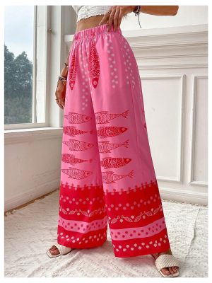 Women's Floral Wide Leg Pants Beach Vacation High Waist Boho Palazzo Trousers