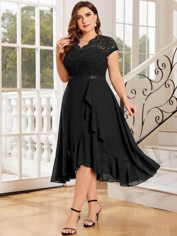 Women's Plus Size V Neck Elegant Floral Lace Ruffle Bridesmaid Maxi Dress