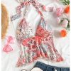 Women's Floral Halter Top Boho Ruffle Mesh Shirt V Neck Tie Backless Sleeveless Cami Tops