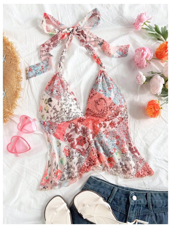 Women's Floral Halter Top Boho Ruffle Mesh Shirt V Neck Tie Backless Sleeveless Cami Tops