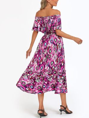 Women's 2025 Spring Summer Boho Off Shoulder Midi Dress Floral Short Sleeve A Line Casual Beach Vacation Dresses