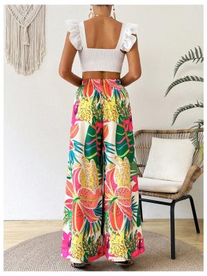 Women's Tropical Palazzo Pants Boho Summer Casual Wide Leg Flowy Trousers