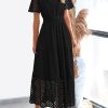 Womens 2025 Summer Maxi Dress Short Sleeve V Neck Hollow Out Eyelet A Line Long Flowy Beach Vacation Dresses