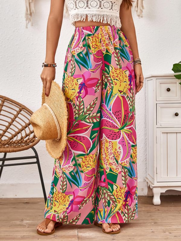 Women's Hawaiian Tropical Beach Palazzo Pants Flowy Boho Summer Wide Leg Trousers