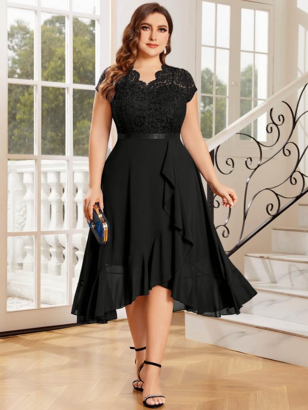 Women's Plus Size V Neck Elegant Floral Lace Ruffle Bridesmaid Maxi Dress