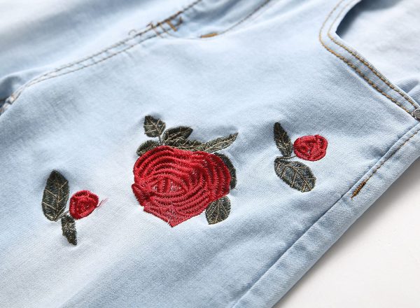 Men's Ripped Floral Embroidered Skinny Jeans Vintage Style with Broken Holes Denim Pants Stretch Fit Jean Trousers (Light