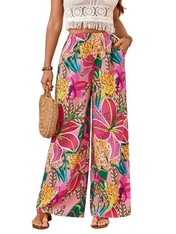 Women's Hawaiian Tropical Beach Palazzo Pants Flowy Boho Summer Wide Leg Trousers