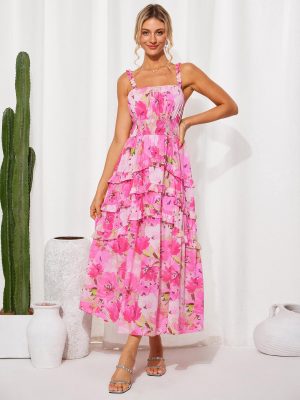 Women's Floral Summer Wedding Guest Dresses 2025 Trendy Long Flowy Smocked Tiered Maxi Dress