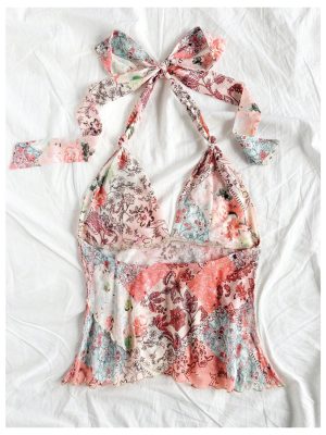 Women's Floral Halter Top Boho Ruffle Mesh Shirt V Neck Tie Backless Sleeveless Cami Tops