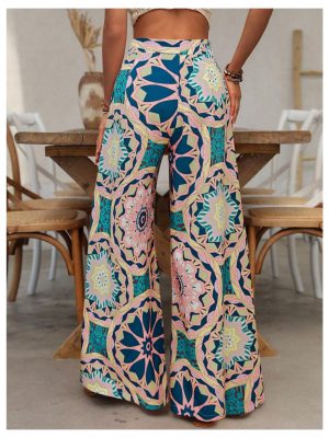 Women's Summer Wide Leg Floral Flowy Palazzo Pants High Waisted Beach Boho Trousers