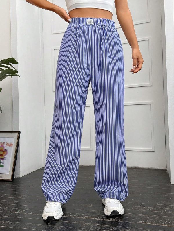 Women's Straight Wide Leg Trousers Striped Print Letter Patched Detail High Waist Y2K Fashion Pants
