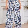2025 Womens Beach Wide Leg Pants Summer Floral Elastic Waist Pant Palazzo Dressy Boho Flowy with Pockets