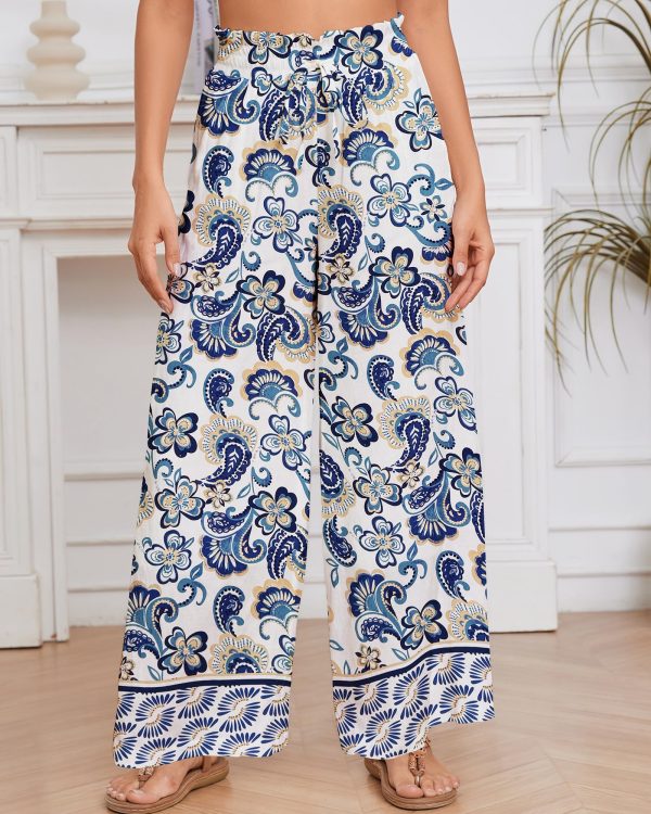 2025 Womens Beach Wide Leg Pants Summer Floral Elastic Waist Pant Palazzo Dressy Boho Flowy with Pockets