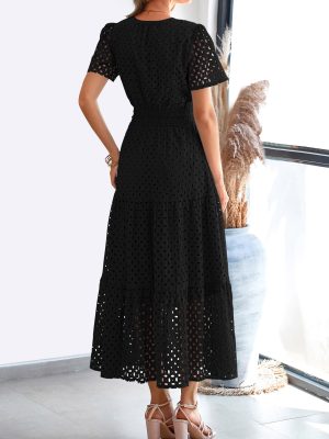 Womens 2025 Summer Maxi Dress Short Sleeve V Neck Hollow Out Eyelet A Line Long Flowy Beach Vacation Dresses