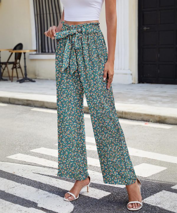Women Summer Casual Wide Leg Pants High Waisted Elastic Tie Knot Boho Beach Trousers with Pockets