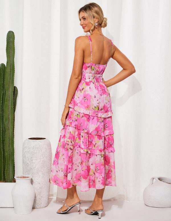 Women's Floral Summer Wedding Guest Dresses 2025 Trendy Long Flowy Smocked Tiered Maxi Dress