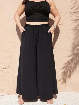 Womens Wide Leg Pants Casual Palazzo Flowy Elastic High Waisted with Pockets Loose Fit Boho Trousers