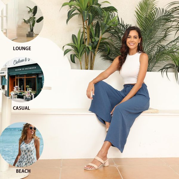 Womens Capri Pants Wide Leg High Waisted Palazzo Lounge Pants Drawstring Casual Trousers with Pockets