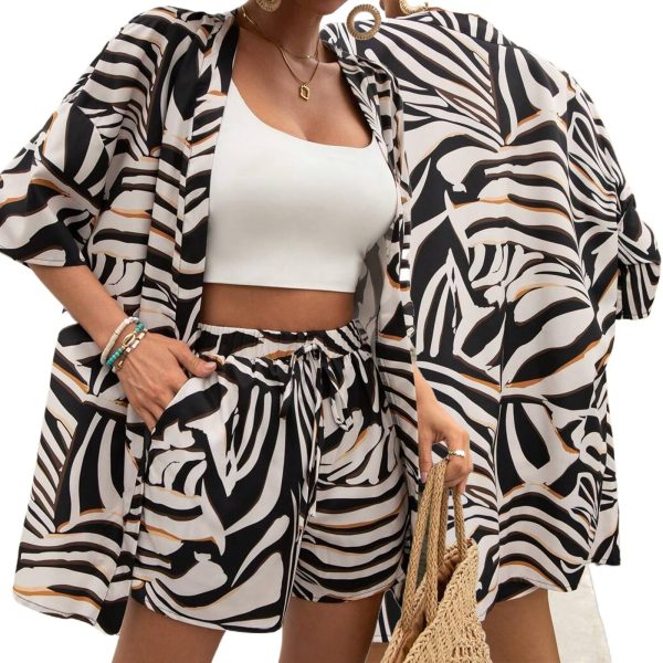 Women's 2 Piece Jumpsuit Floral Print Summer Half Sleeve Thin Coat Bodycon Short Pant Set Outfits