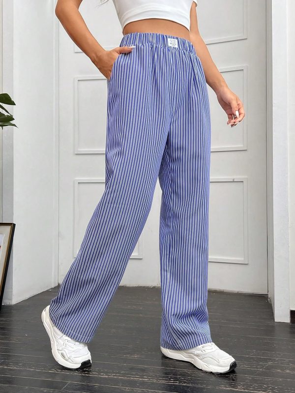 Women's Straight Wide Leg Trousers Striped Print Letter Patched Detail High Waist Y2K Fashion Pants