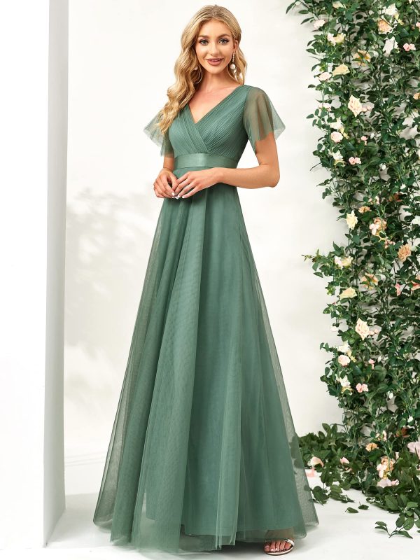 Women's Mother of Bride Dress Double V-Neck Empire Waist Front Wrap Tulle Bridesmaid Dress 07962