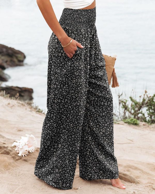 Womens Elastic High Waisted Palazzo Pants Casual Wide Leg Long Lounge Pant Trousers with Pocket