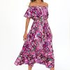 Women's 2025 Spring Summer Boho Off Shoulder Midi Dress Floral Short Sleeve A Line Casual Beach Vacation Dresses