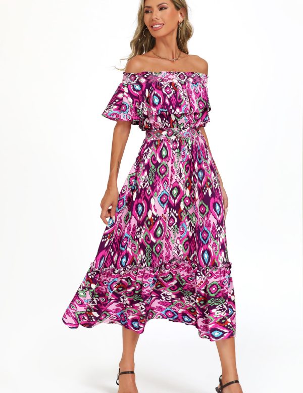 Women's 2025 Spring Summer Boho Off Shoulder Midi Dress Floral Short Sleeve A Line Casual Beach Vacation Dresses