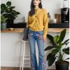 Womens Floral Embroidered Bell Bottom Jeans Stretchy Denim Flared Pants Mid Rise Vintage Bootcut Casual Trousers