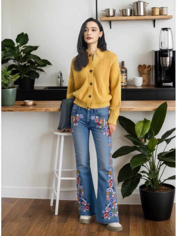 Womens Floral Embroidered Bell Bottom Jeans Stretchy Denim Flared Pants Mid Rise Vintage Bootcut Casual Trousers