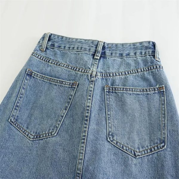 Women Wearing Streetwear High Waist Pocket Design Long Denim Skirt
