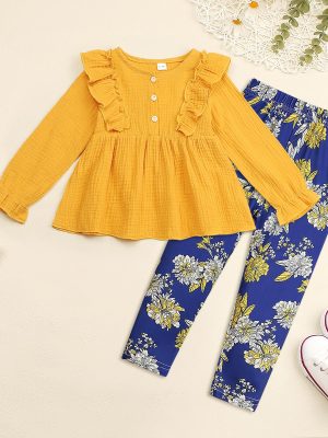 Kid Toddler Girl Clothes Bowknot Ruffle Sleeve Top Floral Allover Pants 3-9 Years Fall Outfit Set