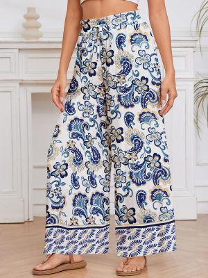 2025 Womens Beach Wide Leg Pants Summer Floral Elastic Waist Pant Palazzo Dressy Boho Flowy with Pockets