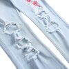 Men's Casual Embroidery Slim Fit Denim Pants Straight Personality Trendy Jeans Ripped Washed Stretch Skinny Trousers (Light
