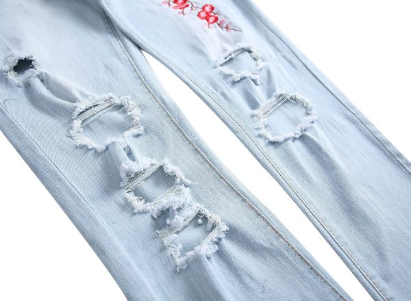 Men's Casual Embroidery Slim Fit Denim Pants Straight Personality Trendy Jeans Ripped Washed Stretch Skinny Trousers (Light